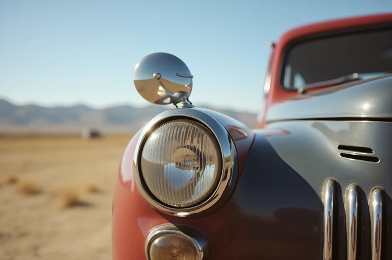 Detalle de óptica cromada de un auto antiguo